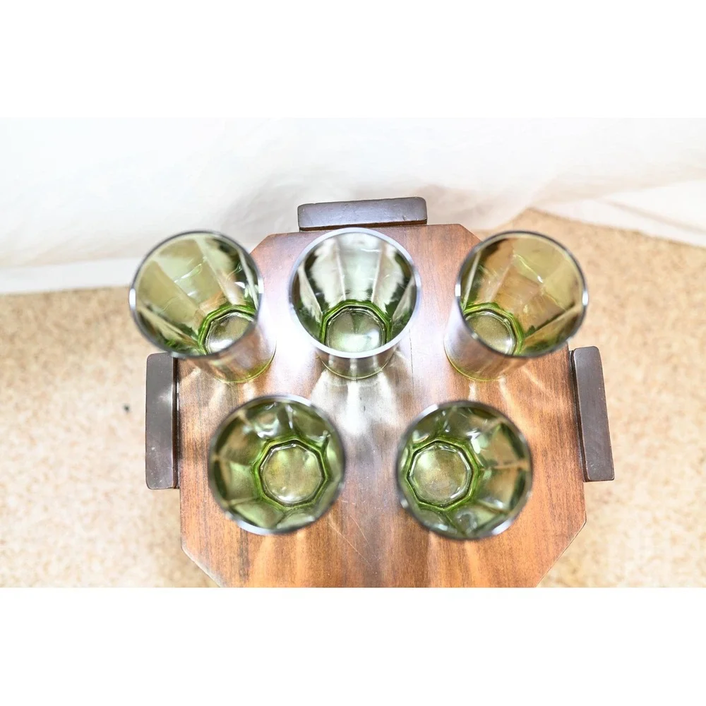 Vintage Avocado Green Panel Style Drinking Glasses Set of 5 Retro Tumblers 5in